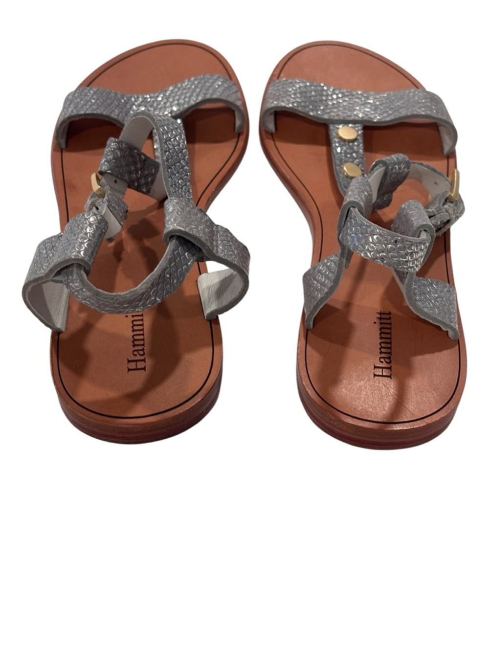 Hammitt Silver Textured Leather Gold-Tone Studded Flat Sandals - Picture 2 of 9